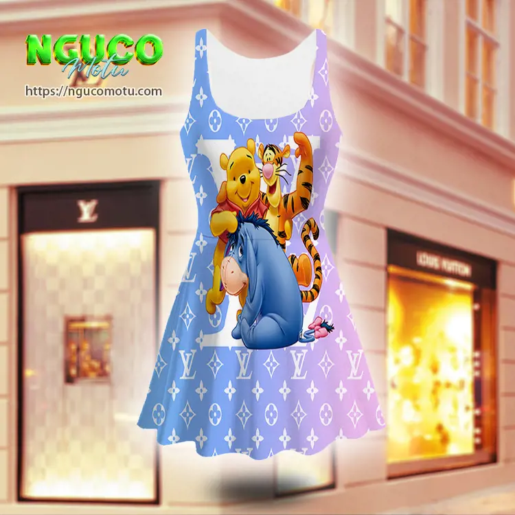 Lv and disney winnie the pooh tigger eeyore louis vuitton sleeveless midi flared dress gift uninque for women
